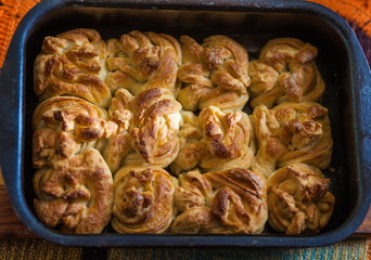 Ready-made sweet buns closeup on the baking sheet