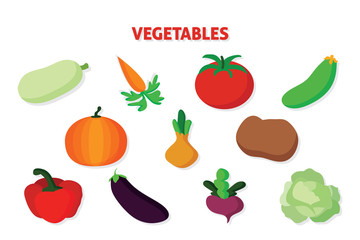 Vector vegetables icons set in cartoon style. Collection farm product for restaurant menu, market label.