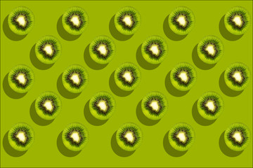 collage of chopped kiwi on a green background