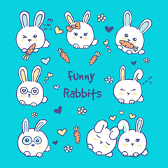 Vector set of cute white rabbits in cartoon style. Rabbit colorful animals collection.