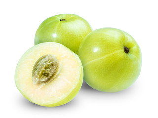Fresh Indian gooseberries on white background, Phyllanthus Emblica isolated on white background with clipping path.