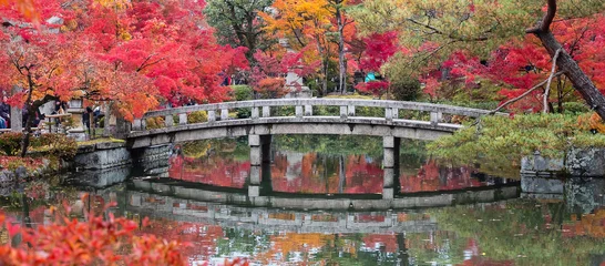 Poster scenery Stone bridge and pond with colorful leaves in Eikando temple, beautiful nature garden in Autumn foliage season, landmark and famous for tourist attractions in Kyoto, Kansai, Japan © Jo Panuwat D