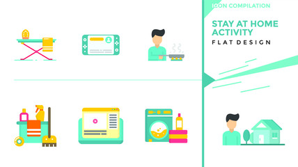 Compilation icon of Stay at hom activity flat design vector with simple technology design