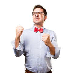 Man wearing a red bow tie. Looking succesful.