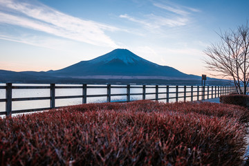 Fuji mountain view with lake and grass in foreground.