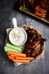 BBQ Chicken Wings with Blue Cheese Sauce.selective focus