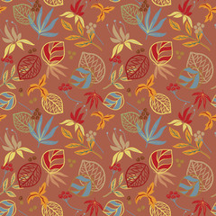Abstract seamless pattern with fantasy leaves. Hand draw texture. Vector template.