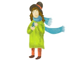 Girl in a scarf. Digital illustration isolated on a white background. Illustration for the decor and design of posters, postcards, prints, stickers, invitations, textiles and stationery.