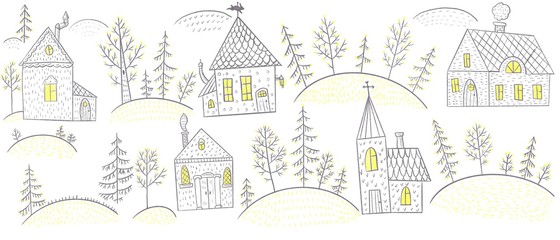 Naklejka premium Beautiful background with houses and trees. Bright digital illustration. Illustration for the decor and design of posters, postcards, prints, stickers, invitations, textiles and stationery.