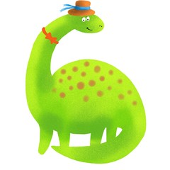 Green dinosaur in a hat. Bright digital illustration isolated on white background. Cute illustration for the decor and design of posters, postcards, prints, stickers, invitations, textiles.