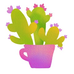Cactus in a pot. Bright digital illustration isolated on white background. Illustration for the decor and design of posters, postcards, prints, stickers, invitations, textiles and stationery.