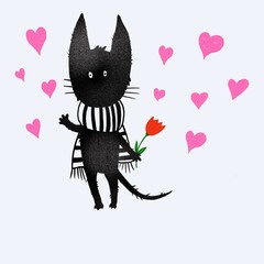 Black kitten and hearts. Bright digital illustration. Cute illustration for the decor and design of posters, postcards, prints, stickers, invitations, textiles and stationery.