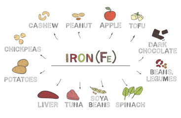 Iron (Fe), infographics. Foods rich in ferrum, natural products on white background.Healthy lifestyle concept
