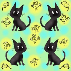 Beautiful background with cats, birds and fish. Bright digital illustration. Illustration for the decor and design of posters, postcards, prints, stickers, invitations, textiles and stationery.