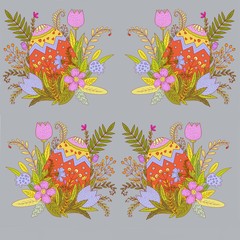 Fototapeta premium Easter background. Egg and flowers. Bright digital illustration. Illustration for the decor and design of posters, postcards, prints, stickers, invitations, textiles and stationery.