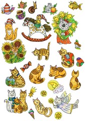 Set of cute animals. Cats and koala. Watercolor and ink illustration isolated on white background. Illustration for the decor and design of posters, postcards, prints, stickers, invitations.