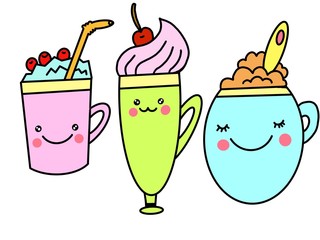 A set of drinks. Bright digital illustration isolated on white background. Illustration for the decor and design of posters, postcards, prints, stickers, invitations, textiles and stationery.