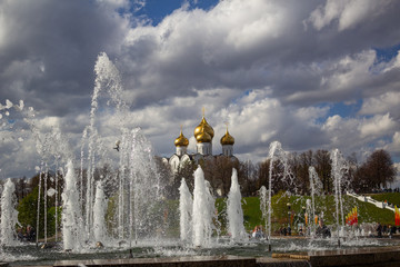 Fountain and Assumption Cathedral of the Russian orthodox church. Yaroslavl, Russia.