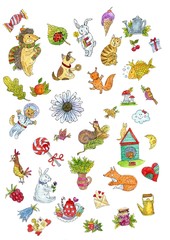 Set of animals. Bright watercolor and ink illustration isolated on white background. Cute illustration for the decor and design of posters, postcards, prints, stickers, invitations, textiles.