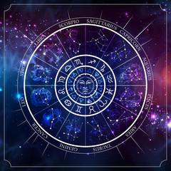 Astrology wheel with zodiac signs with constellation map. Realistic illustration of  zodiac signs. Horoscope vector illustration