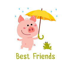 Cute pink Piggy and green small frog are friends. Cartoon illustration for cards