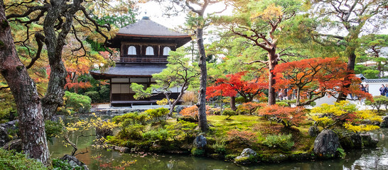 Scenery Ginkakuji temple or the Silver Pavilion in Autumn foliage season, landmark and famous for...