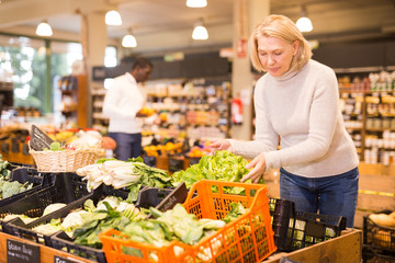 Woman choosing vegetables in food store