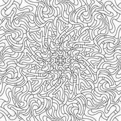 Fototapeta premium Curved lines, curls mandala coloring. Abstract pattern. Circles and lines, shapes. Beautiful relaxation black and white ornament. Large size, meditative drawing. Coloring book page.