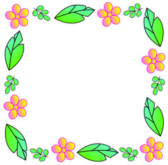 vector floral frame with green leaves and branches  and pink flowers in simple cartoon style