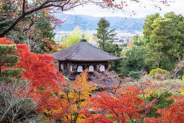 Scenery Ginkakuji temple or the Silver Pavilion in Autumn foliage season, landmark and famous for...
