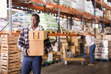 Man carrying cardboard boxes in warehouse