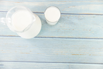 Top view Glass milk on table. Drink milk for good health concept. .