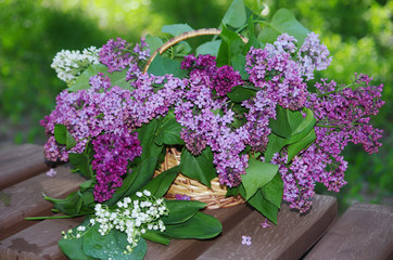 A bouquet of lilacs and a bouquet of lilies of the valley on a garden bench