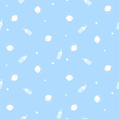 Vector - Seamless pattern. White face mask (N95) and bottle of alcohol gel on blue background. Hygiene, Healthcare concept. Can be use for print, paper, web.