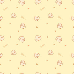Vector - Lovely brown house, little many hearts and wording love on light yellow background. Cute seamless pattern. Can be use for print, paper, fabric, wrapping. Origami.