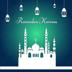 Ramadan kareem greeting Vector Illustration, with traditional lantern Light Lamps and Mosque