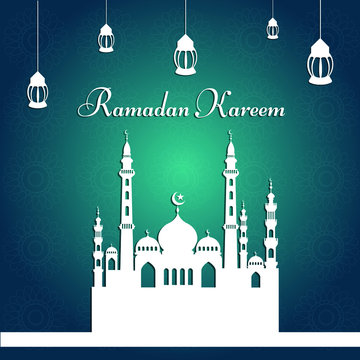 Ramadan kareem greeting Vector Illustration, with traditional lantern Light Lamps and Mosque