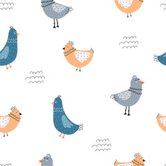 Seamless pattern with cartoon birds, decor elements. colorful vector for kids. hand drawing, flat style. baby design for fabric, print, textile, wrapper