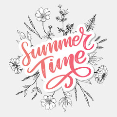 Green summer time letter flowers in modern style on colorful background. Greeting invitation vector illustration. Floral bouquet decoration. Decoration element.