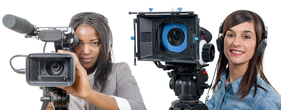 two young women with professional video camera and headphone