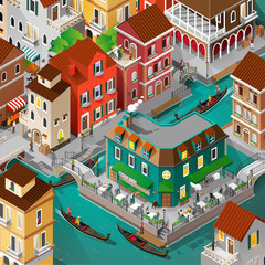 Isometric venice building and people activity
