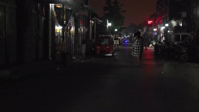Woman Walking In Dress Down Street at Night, Beijing China 4K Cinematic