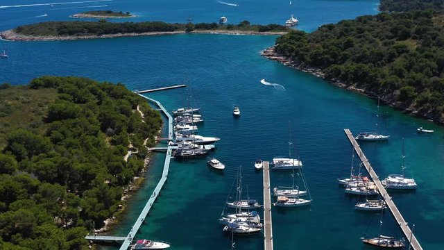 Paklinski Islands Hvar, Marina Palmizana with blue and tirkiz sea - Aerial View
