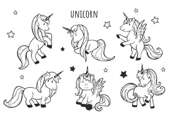 Cute ponies vector sketch. Unicorns. Vector illustration