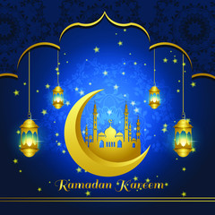 Ramadan kareem greeting Vector Illustration, with traditional Golden lantern Light Lamps, Moon and Mosque with Night blue Background