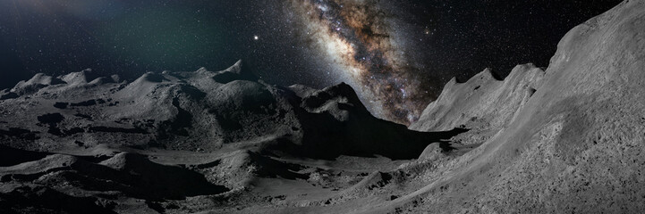 Fototapeta na wymiar Moon surface, lunar landscape with the Milky Way galaxy over the horizon (3d space illustration banner)