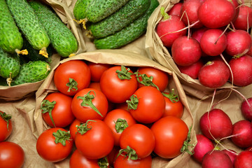 Fresh vegetables from farmers market. Cucumbers, tomatoes, radish. Pickle cucumbers. Organic vegetables. Salad ingredients.