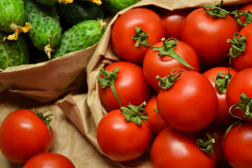Fresh vegetables from farmers market. Cucumbers, tomatoes. Pickle cucumbers. Organic vegetables. Salad ingredients.