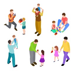 Fathers and kids. Isometric joint activity of dads and children. Vector men and kids playing. Dad or father with son isometric, children kid boy happy illustration
