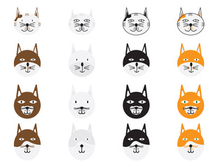 Cats Heads on White Background. Gray, Orange, Black and Brown Cats Heads